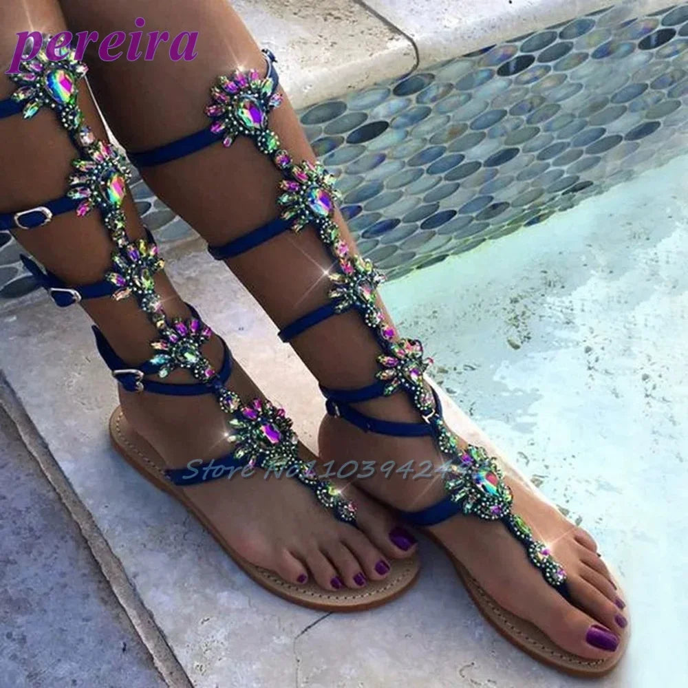 Flower Rhinestones Sandals Open Toe Flip Flops Gladiator Roman Women Bohemian Style Vacation Shoes Zapatos De Mujer Tacones