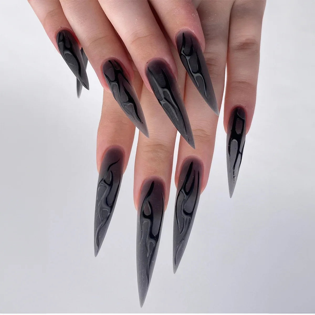 24Pcs Black French Simple Gradient Nail Art Set with Glue Mid-length Almond Fake Nails Wearable Fashion Glossy Acrylic Nail Tips