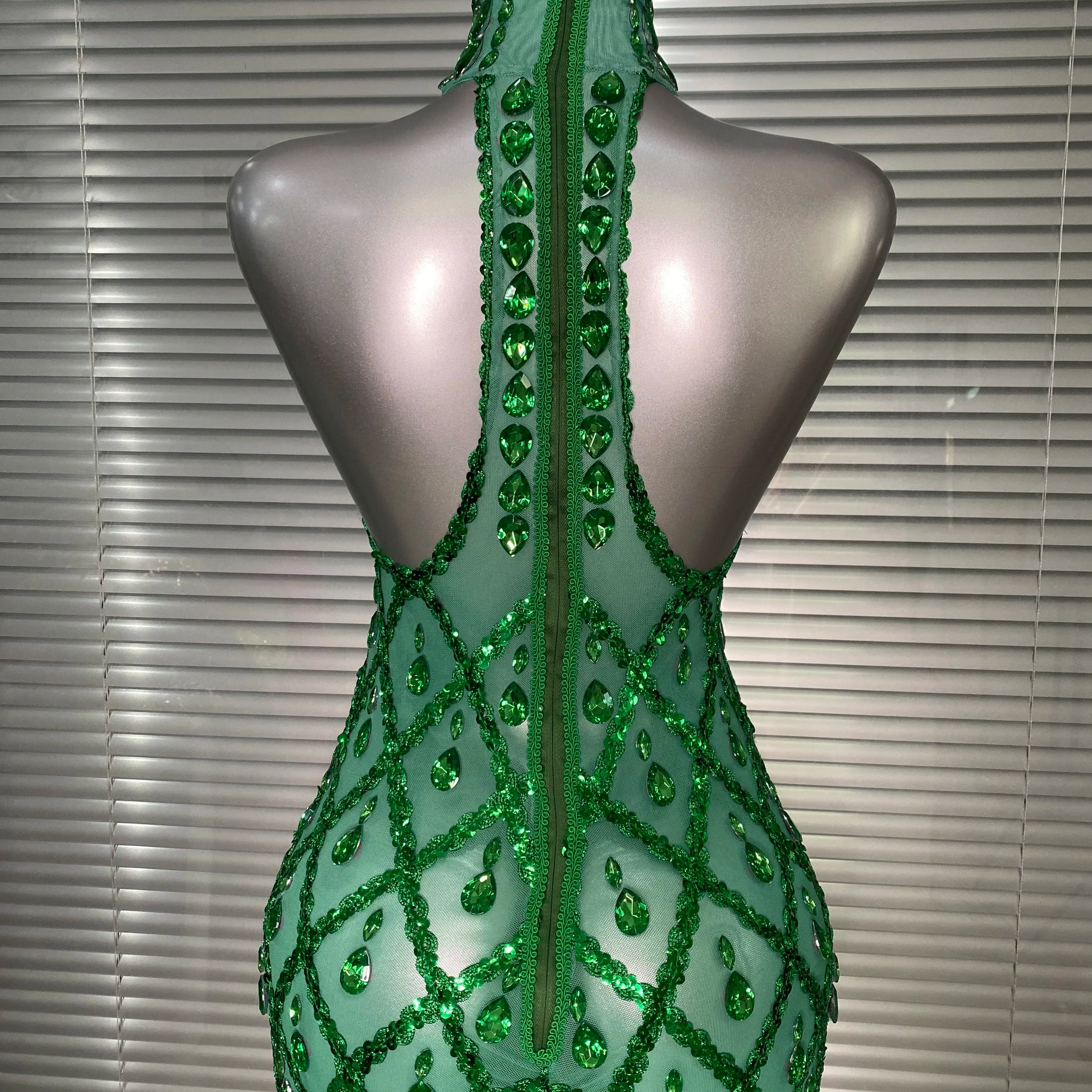New Women Sexy Mesh Green Crystal Diamonds Maxi Dress See Through Brown Party Costume Stage Performance Dress