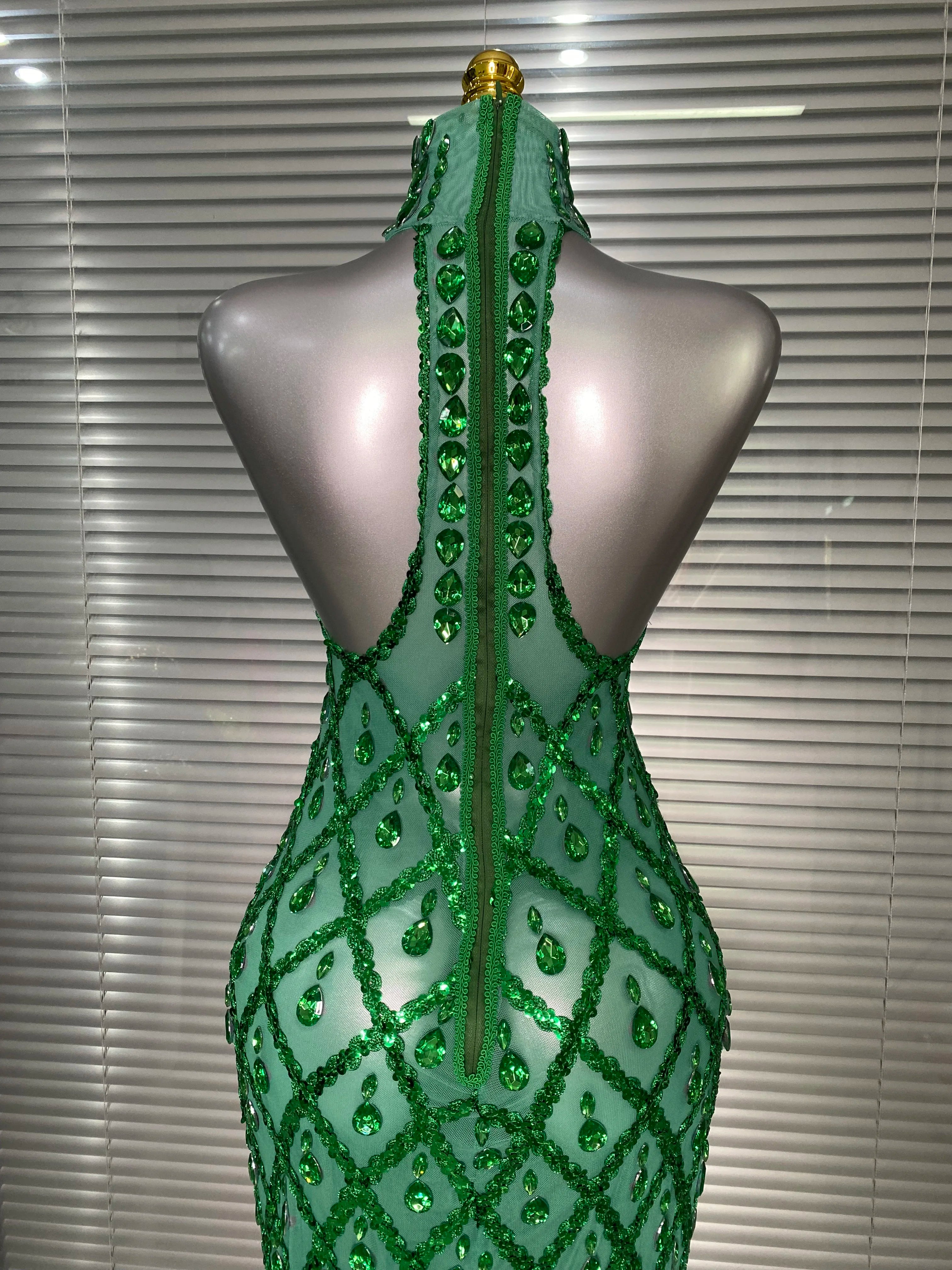 New Women Sexy Mesh Green Crystal Diamonds Maxi Dress See Through Brown Party Costume Stage Performance Dress