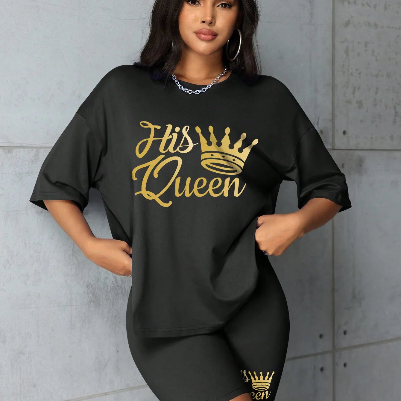 Plus size Women summer clothing Queen printed loose round neck casual black short sleeved T-shirt shorts two-piece set