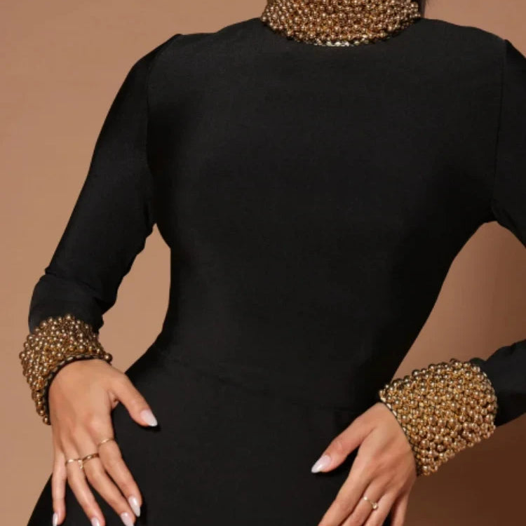 Black Color Women Long Sleeve Sexy Backless Golden Beading Bodycon Bandage Long Dress Fashion Celebrate Evening Party Dress