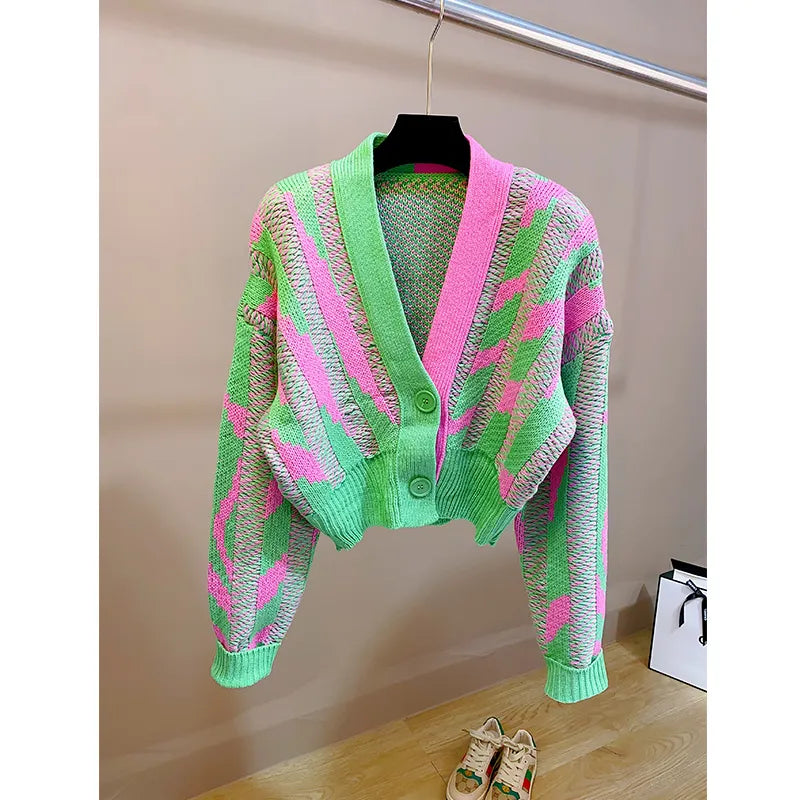 Women Color Block Green Crop Cardigan High Street Long Sleeve Knit Top Autumn Winter New in Korean Dongdaemun Fashion