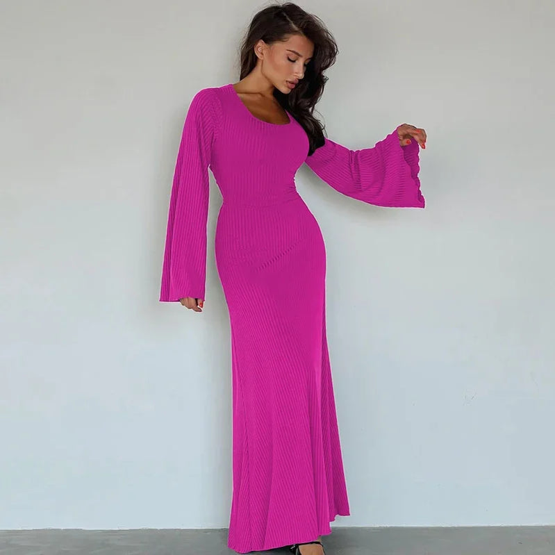 Tossy Scoop Neck Lace-Up Ribbed Maxi Dress Female Long Sleeve Fashion Slim Loose Bandage Dress Autumn 2024 Solid Women Dress New Rose Red