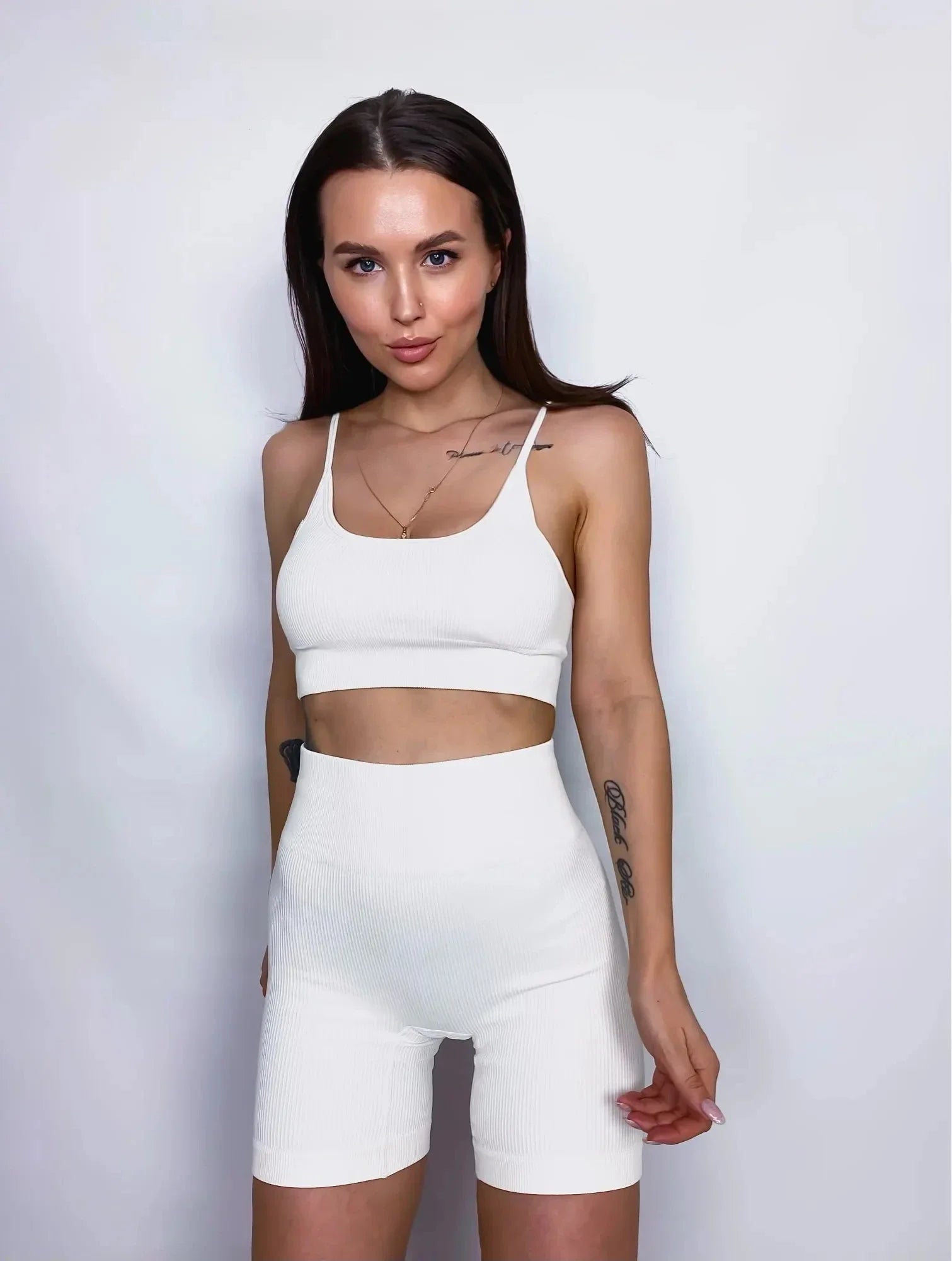 Seamless Ribbed Yoga Sets Workout Sets for Women 2 Pieces Gym Suits Ribbed Crop Tank High Waist Shorts Outfits Fitness Running