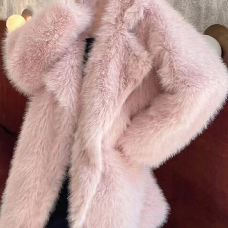Lautaro Winter Loose Casual Thick Warm Soft Hairy Faux Fur Coat Women Luxury High Quality Furry Fluffy Jacket Korean Fashion Pink