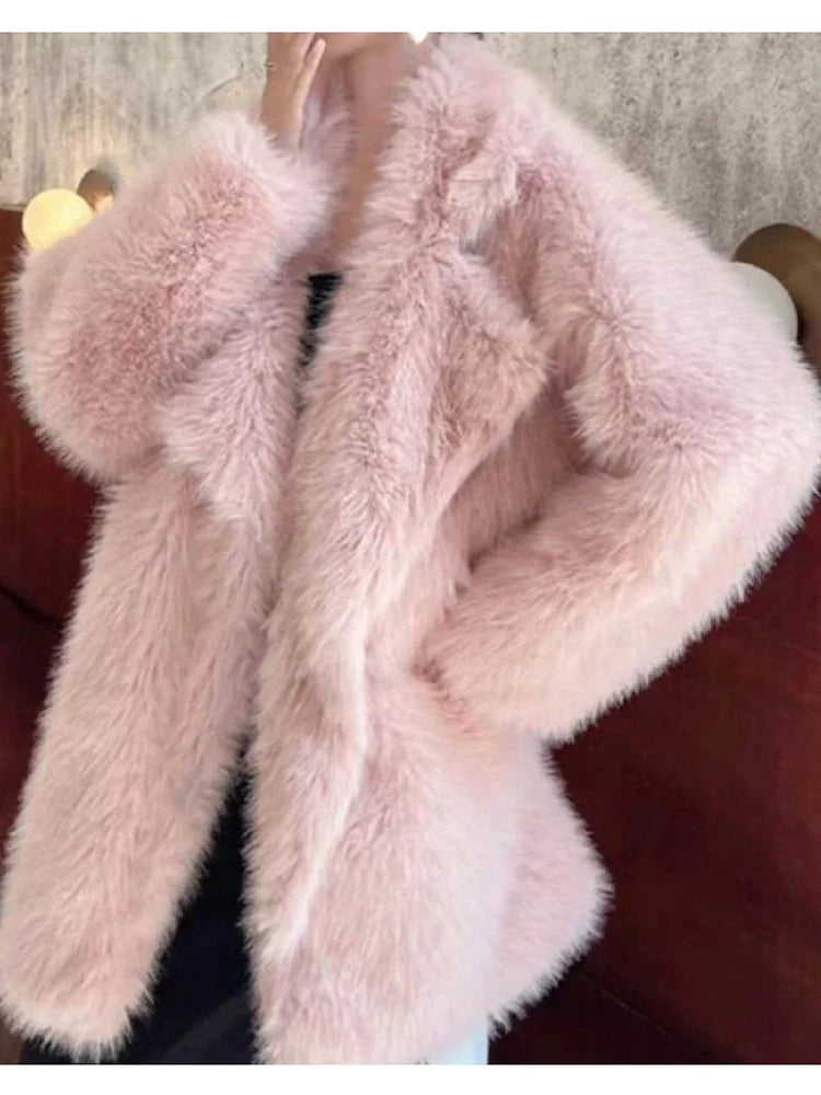 Lautaro Winter Loose Casual Thick Warm Soft Hairy Faux Fur Coat Women Luxury High Quality Furry Fluffy Jacket Korean Fashion Pink