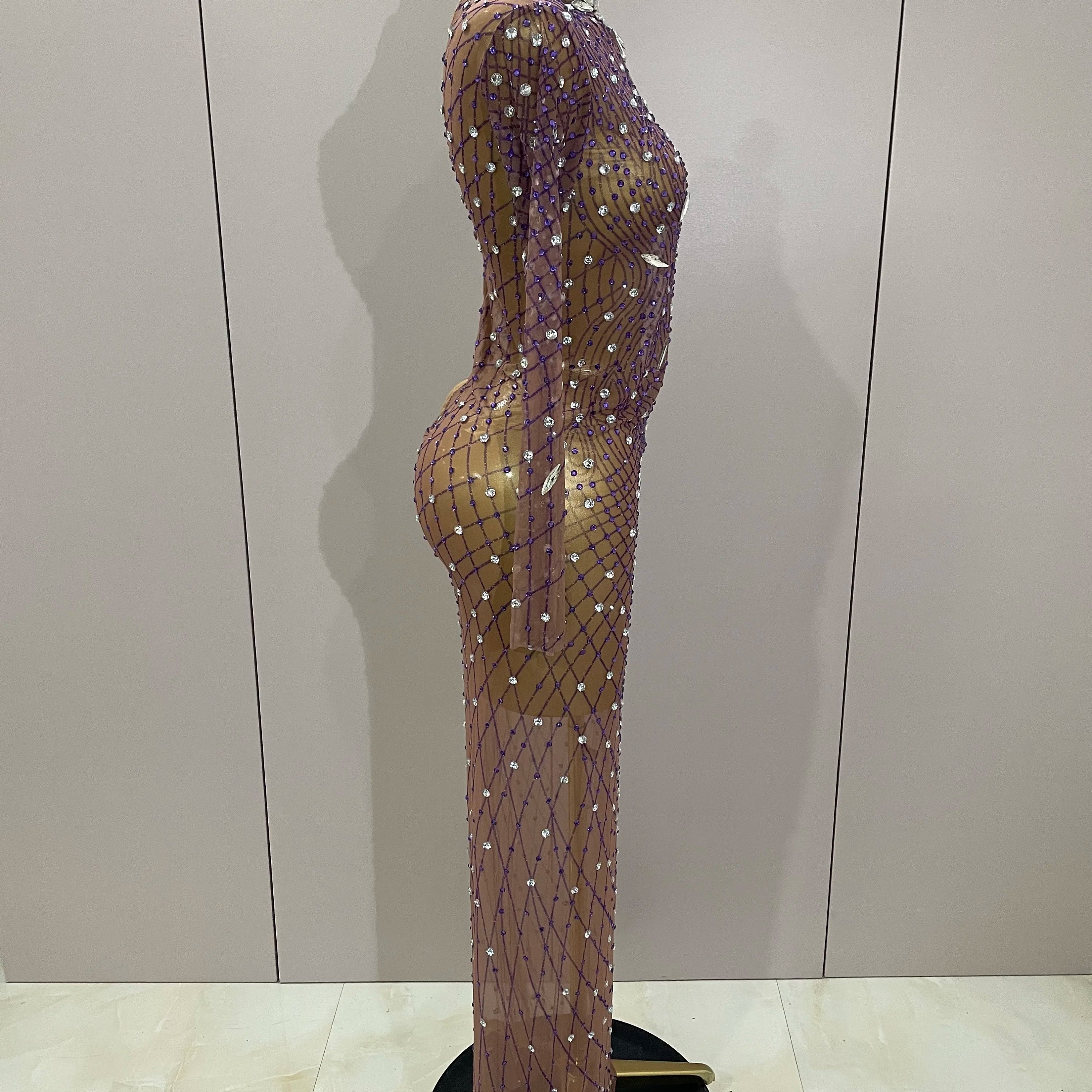 Shining Rhinestones Sexy Mesh See Through Long Dress Women Birthday Celebrate Evening Singer Show Stage Wear Photo Shoot Dress