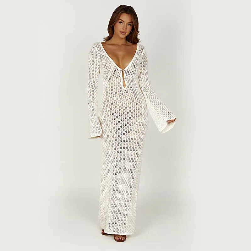 Sexy Women Long Knit Beach Dress Hollow-Out Deep V-Neck Long Sleeve Bikini Cover-Ups Dress Fall Backless Holiday Dress WHITE