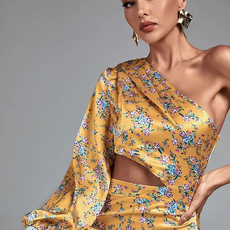 Floral Print Long Dress Women Luxury Evening Party Dress Elegant Ruffle Sexy One Shoulder Birthday Club Outfits Summer 2023