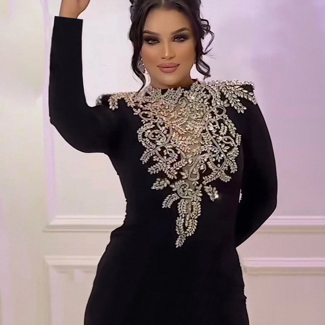 Sparkly Crystal Women Long Sleeve Sexy O-Neck Bodycon Long Bandage Dress Celebrate Elegant Evening Party Outfit