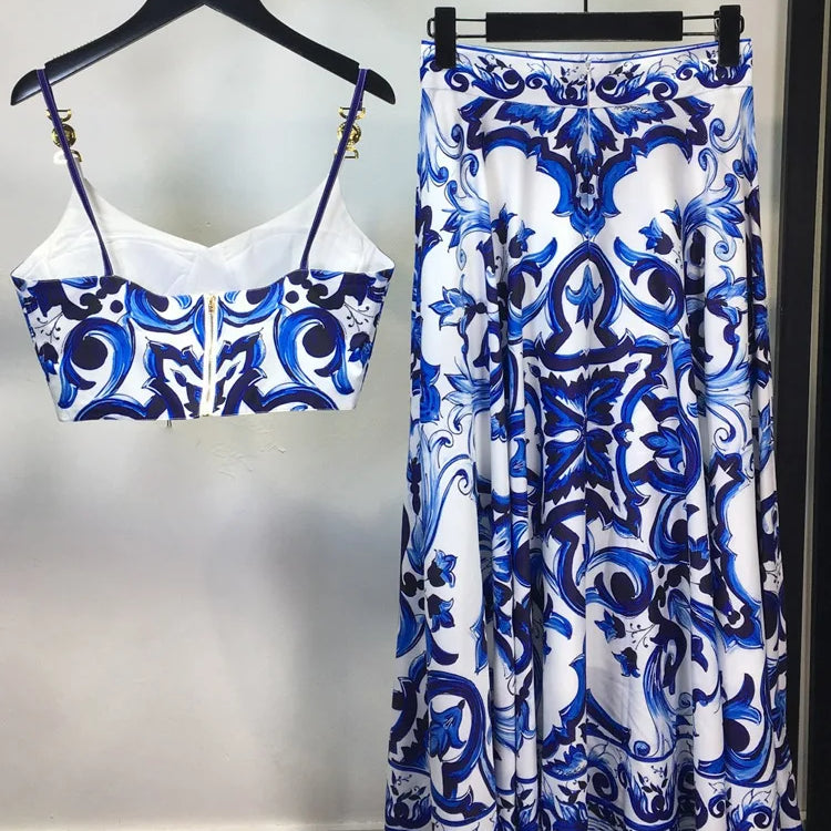 Summer Holiday Blue And White Porcelain Two Piece Set Women's Spaghetti Strap Padded Cup Zipper Print Short Top+Long Skirt Suits