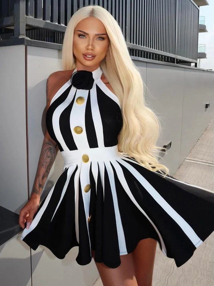 VC 2024 New Summer Women's Black and White Stripe Button 3D Rose Halter Backless Pleated Sexy Sleeveless Knitted Mini Dress