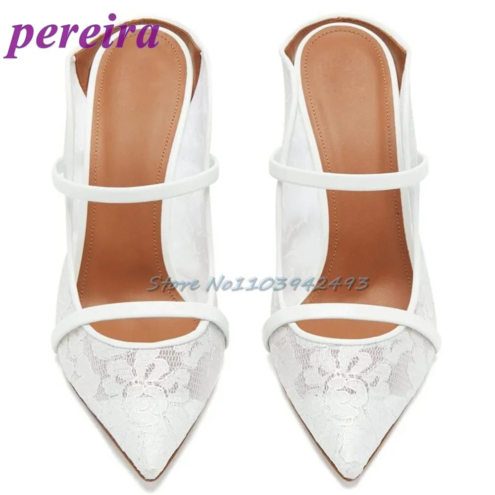 White Mesh Print Heeled Sandals Pointed Toe Strappy High Heels Women Luxury Designer Shoes Wedding Pull On Sandalias De Mujer