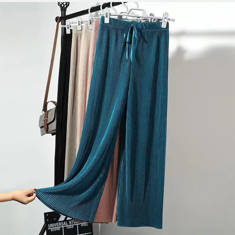 Women Pants Summer Spring Ice Silk Fashion Tide Korean Casual Cropped Pants Loose Elastic Waist High Pleated Wide Leg