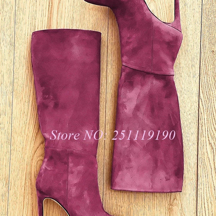 Royal Blue Boots Suede Pointed Toe Botas Women Luxury Designer Shoes Winter 2025 Pull On Slip On Stiletto Knee-high Booties New