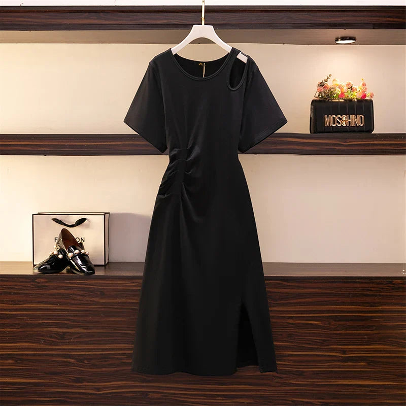 Plus-size women's summer casual cotton dress shoulder hollowed-out slit hem design elegant sexy solid color long dress black CHINA
