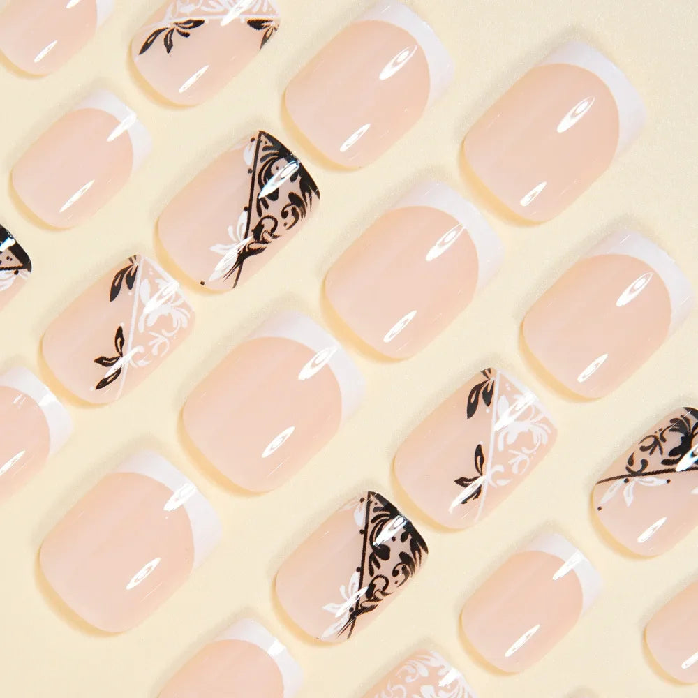 24Pcs Minimalist White French False Nails Nude Color Short Square Press On Nails Fairy Flower Printed Full Cover Fake Nails Art