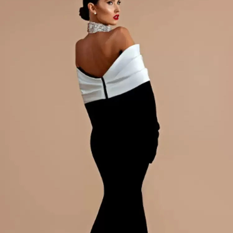 Sexy Off The Shoulder Luxury Diamonds White Patchwork Black Long Bandage Dress Elegant Woman Party Dress Wedding Party  Vestido