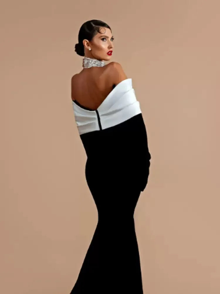 Sexy Off The Shoulder Luxury Diamonds White Patchwork Black Long Bandage Dress Elegant Woman Party Dress Wedding Party  Vestido