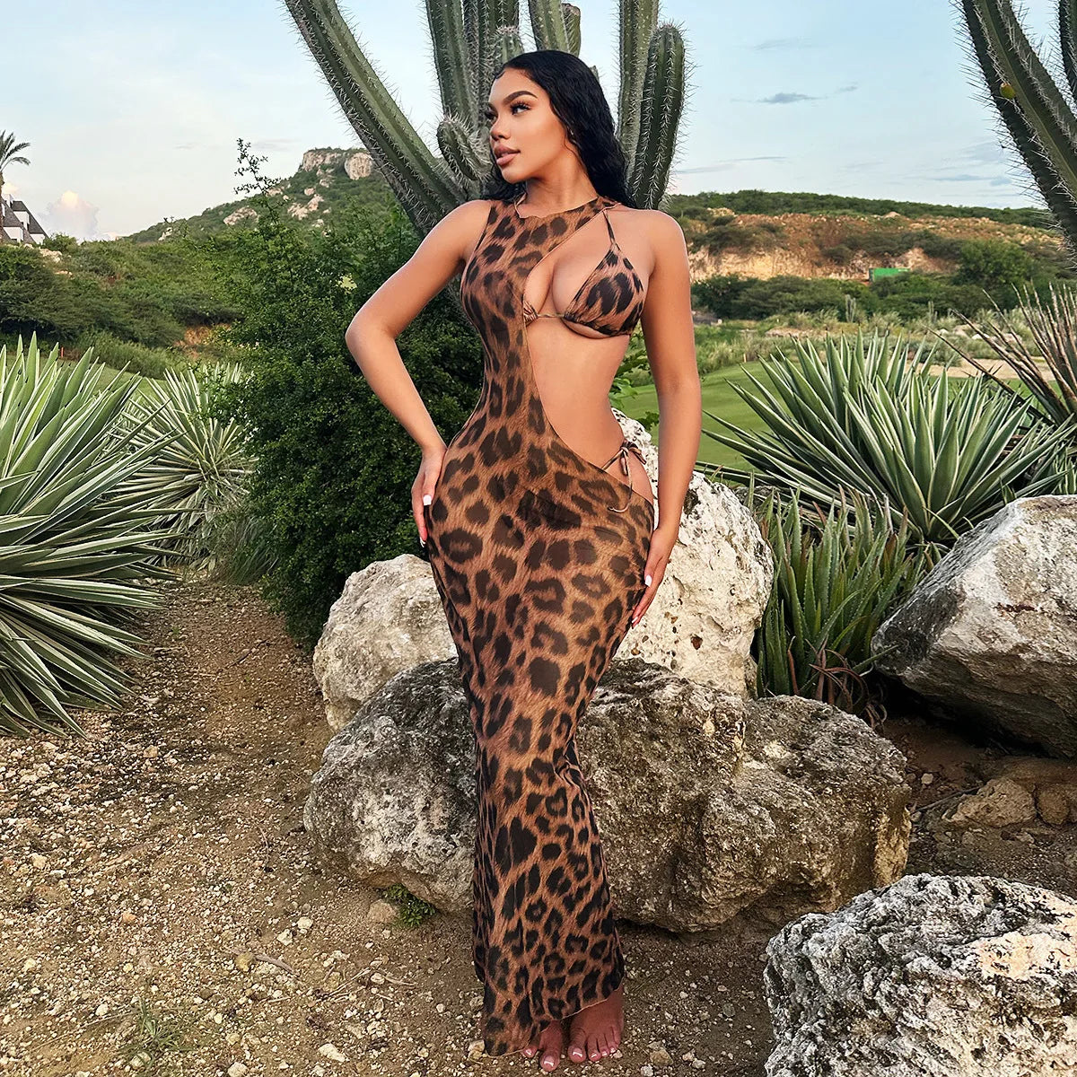 CM.YAYA Women Beach Bikini Set with Cutout Leopard Printed Sexy Long Bodycon Swimsuit Three 2 Piece Set Swimwear Bathing Suit