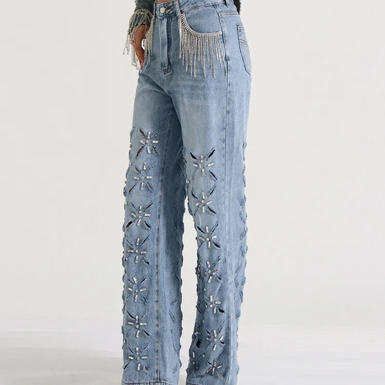 TWOTWINSTYLE Hollow Out Casual Jeans For Women Highh Waist Patchwork Tassel Chic Straight Wide Leg Jean Female Fashion Clothing