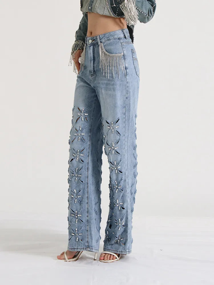 TWOTWINSTYLE Hollow Out Casual Jeans For Women Highh Waist Patchwork Tassel Chic Straight Wide Leg Jean Female Fashion Clothing