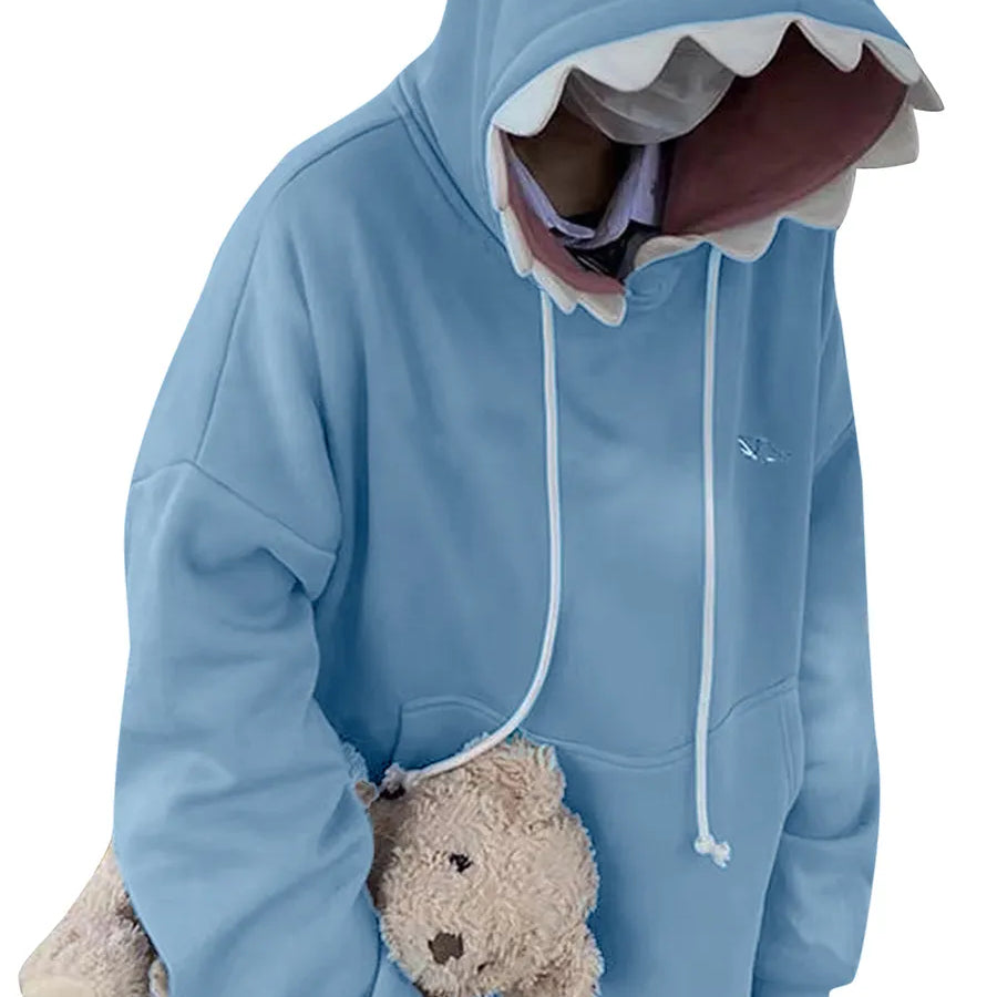 Women Cute Shark Hoodie Long Sleeve Blue Kawaii Animal Shark Shape Hooded Pullover Oversized Aesthetic Sweatshirts for Teen