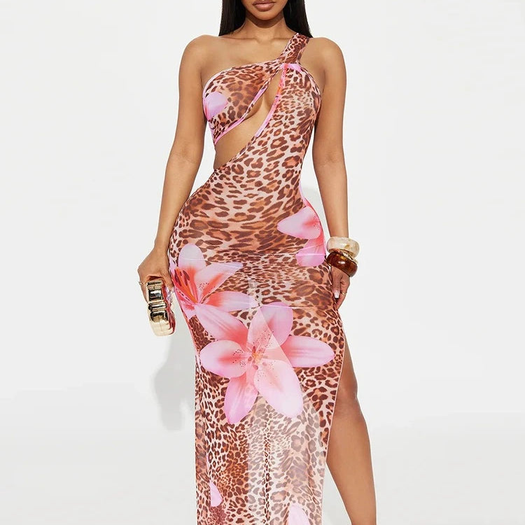CM.YAYA Women Floral Leopsrd Printed Sleeveless High Side Split Long Maxi Dress 2025 Skew Collar Sexy Birthday Party Dresses