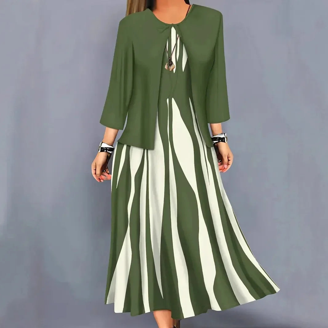 Plus Size Plus Size Geometric Print Long Sleeve Dress And Jacket Set Two Piece Set Large Size Polyester Fiber Women's Fashion