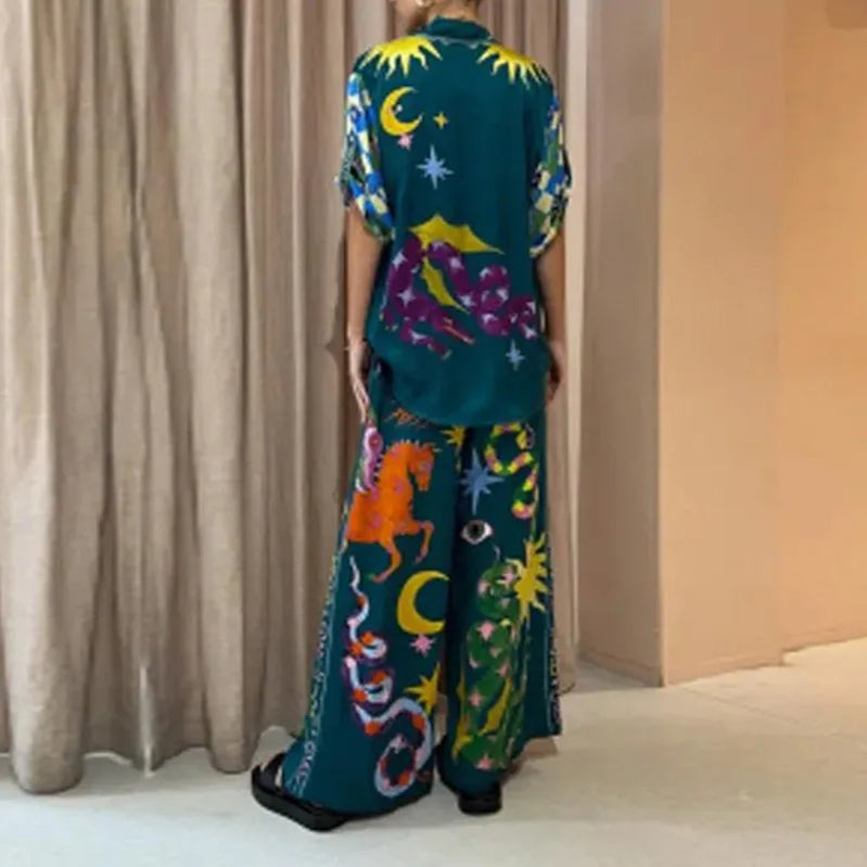 Autumn Cartoon Print Pant Suit Women Elegant Turn Down Collar Shirts + Loose Wide Leg Pants 2 Pieces Sets Women Outfits Clothing