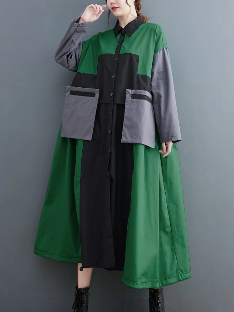 Patchwork Shirt Dresses For Women's Autumn Spring Minority Y2k Contrast big size Dress With Long Sleeve