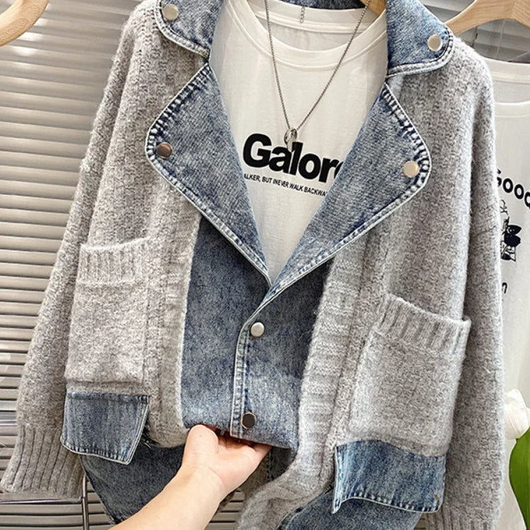 Jackets Autumn Winter New Loose and Lazy Style Thickened Sweater Cardigan Top Fashion Personalized Combination Denim Coat Women GRAY