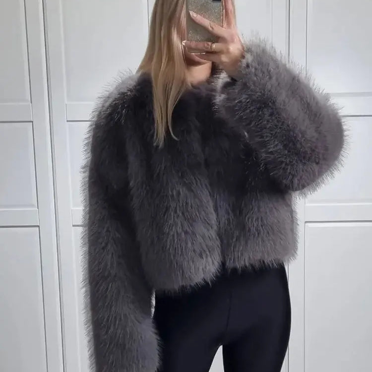Winter New Fashion Female O-Neck Vintage Long Sleeve Loose Streetwear Top Woman Artificial Fur Effect Jacket Coats