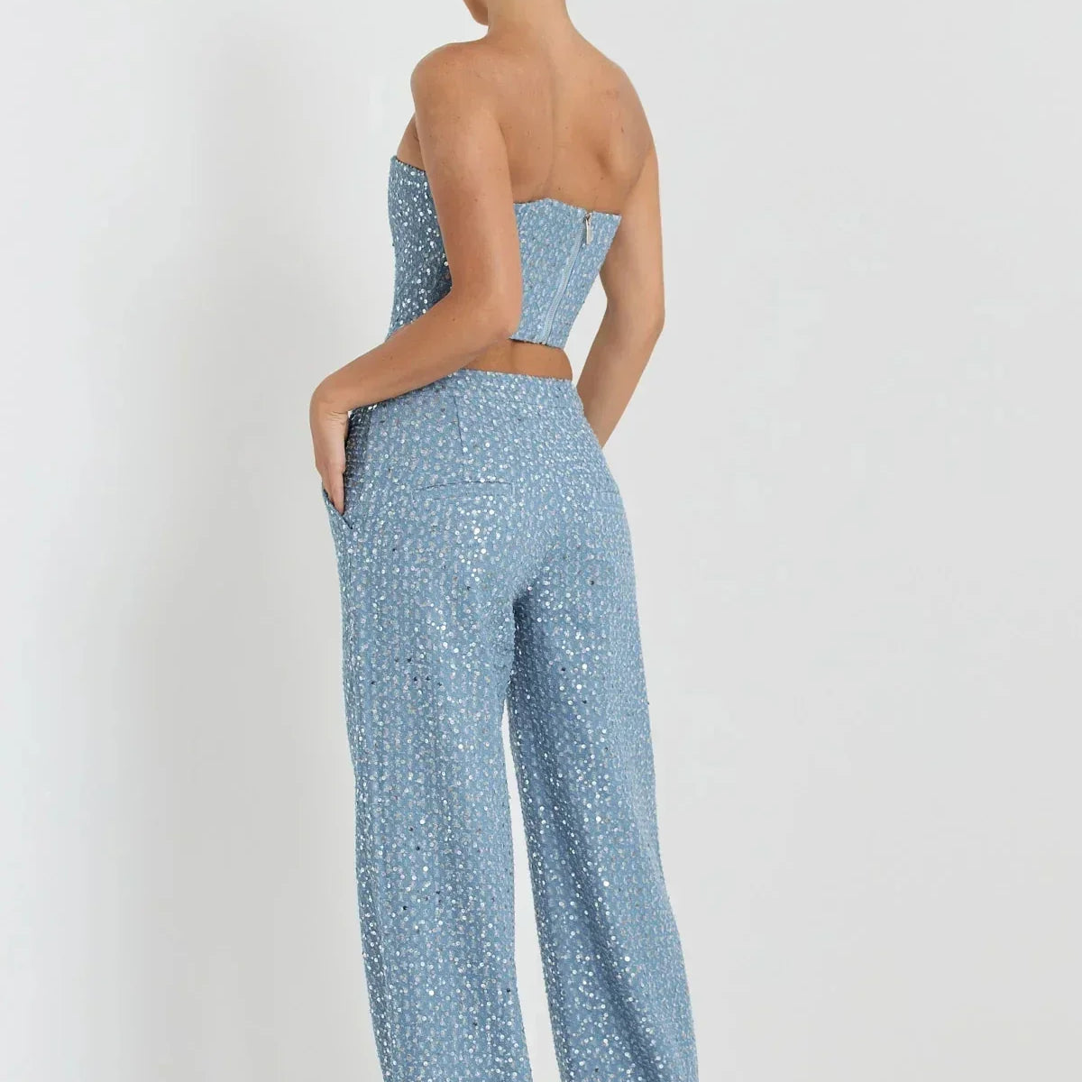 Feilandy Sexy Sequins Strapless Tanks Loose Pants Sets Women's Fashion 2 Piece Skirts Sets Female Luxury Party Club Chic Outfits