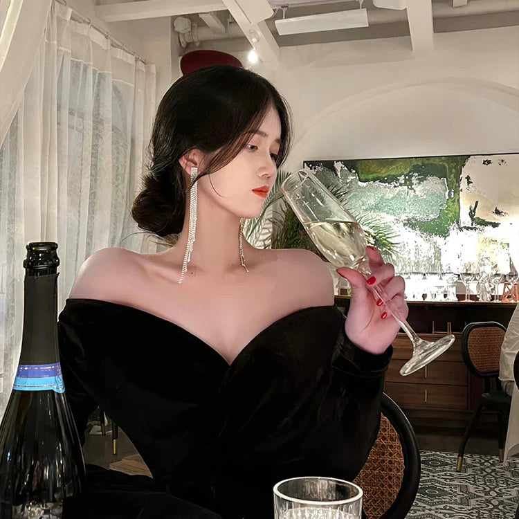 Spring Long Sexy Black Stretchy Fitted Birthday Party Evening Dresses for Women Luxury Elegant Off the Shoulder Clothing