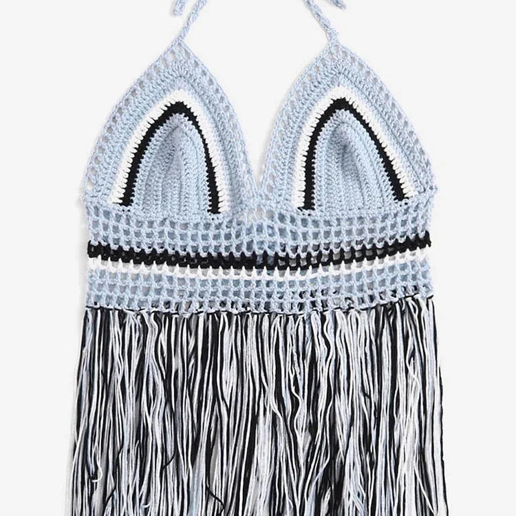 Crochet Hollow Out Tassel Beach Cover Up Sexy Women Mini Tops Beachwear Bikini Swimwear Bathing Suit Cover Up Light Blue One Size