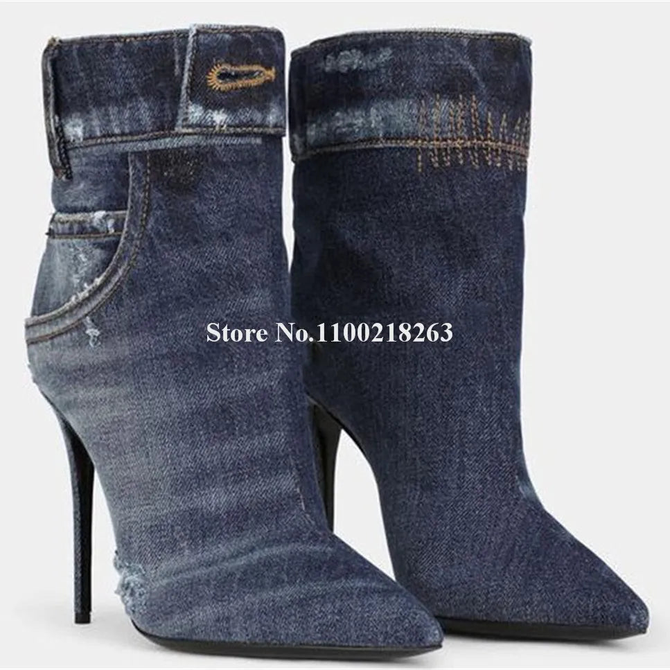 Western Fashion Blue Black Denim Short Boots Pointed Toe Sexy Slip-on Stiletto Heel Jean Ankle Booties Casual High Heels