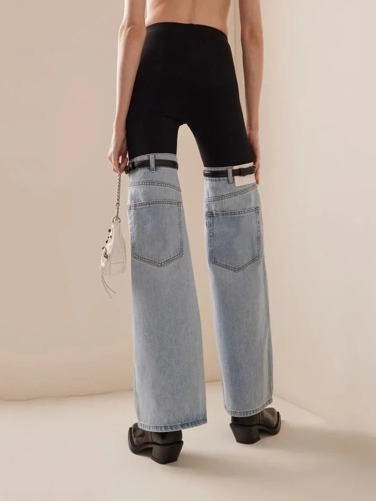Hit Color Spliced Belt Jeans For Women High Waist Patchwork Pockets Slim Striaght Wide Leg Pant Female Fashion Style Clothes