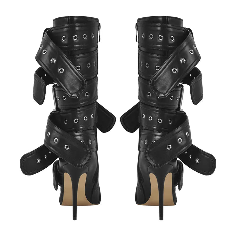 Women Pointed Toe Mid-Calf Boots Buckle Strap Thin High Heel Lady Zipper Female Stiletto Boots