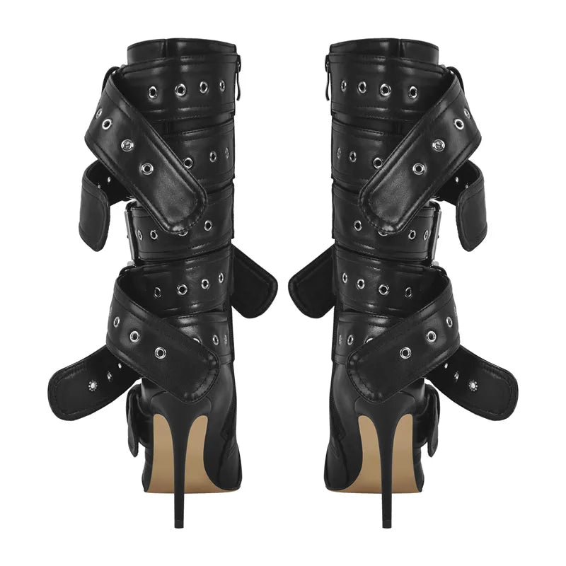 Women Pointed Toe Mid-Calf Boots Buckle Strap Thin High Heel Lady Zipper Female Stiletto Boots