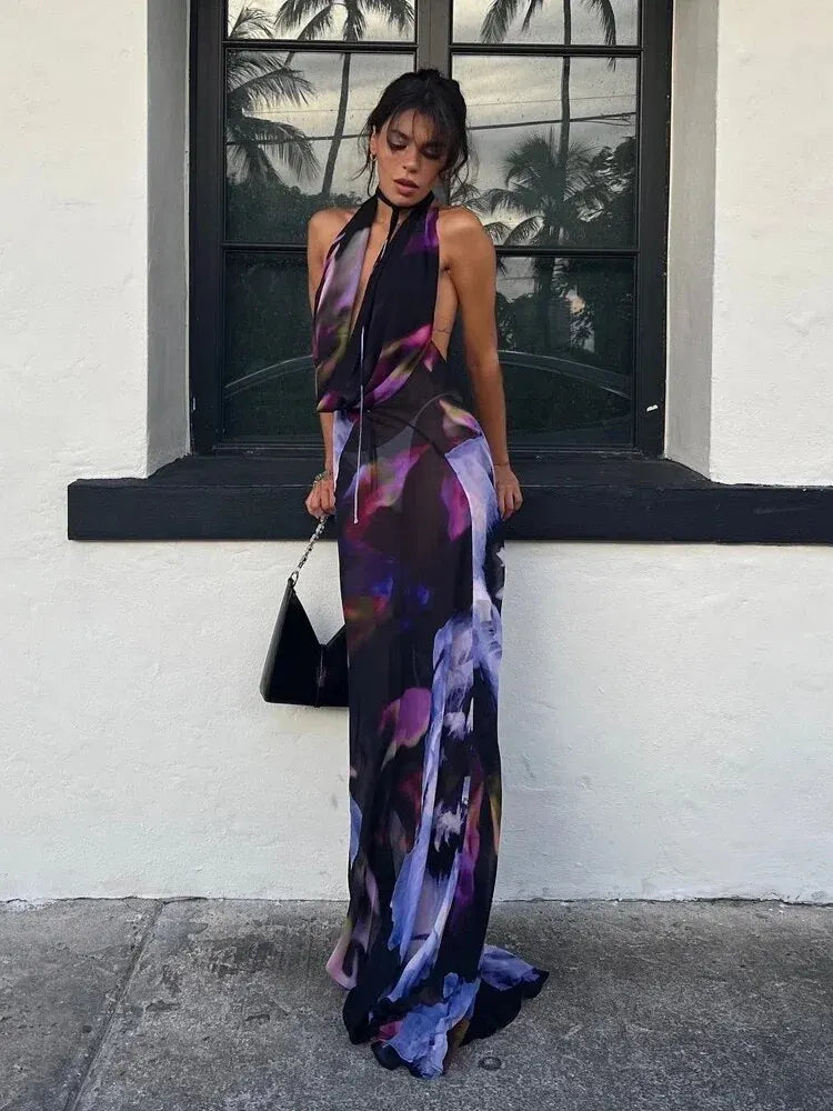 Women Summer Tie-dye Backless Long dress Beach Skirt Cover up Purple