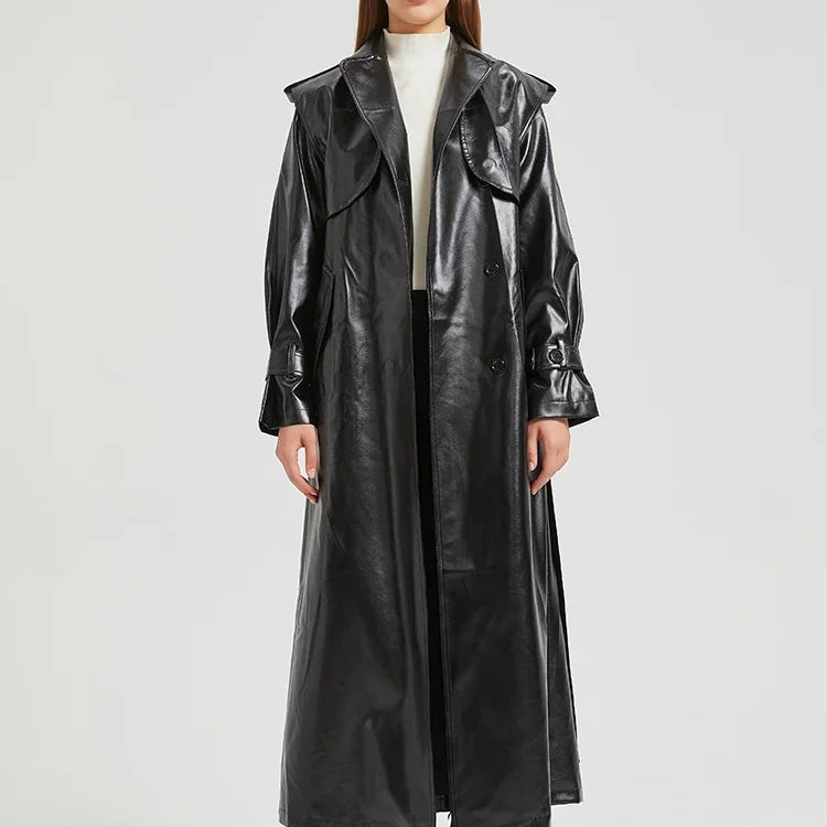 Autumn Extra Long Gold Shiny Patent Pu Leather Trench Coat for Women Single Breasted Luxury Designer Overcoat 2024