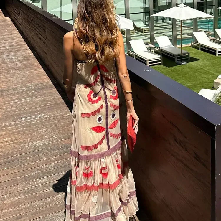 Elegant Print Mesh Ruffles Long Dress For Women Chic Spaghetti Strap Sleeveless Backless Vestidos Lady Holiday Party Robe