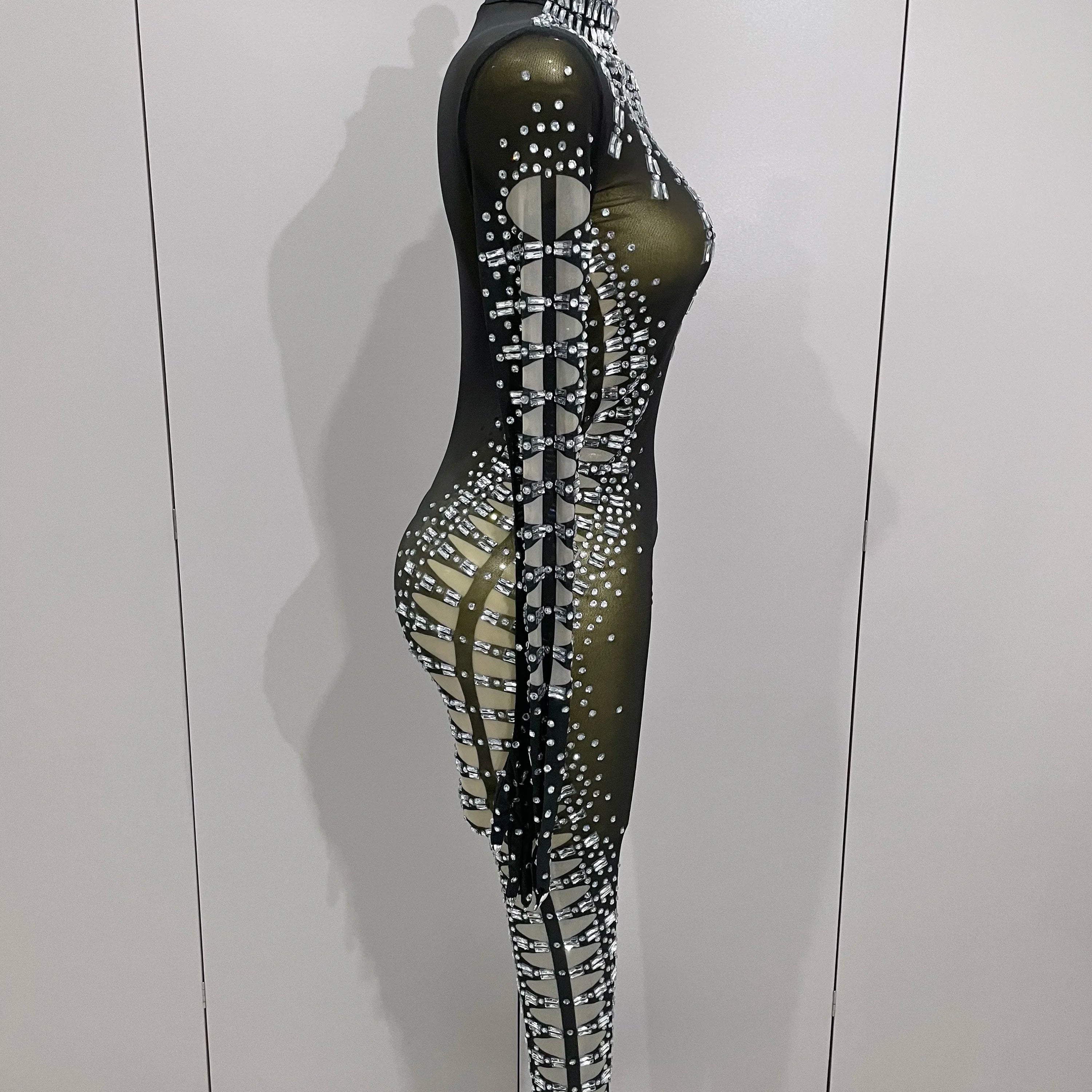 Sexy Sparkly Crystals Black Mesh Jumpsuit With Gloves 2025 Women Celebrate Birthday Party NightClub Singer Dance Stage Costumes