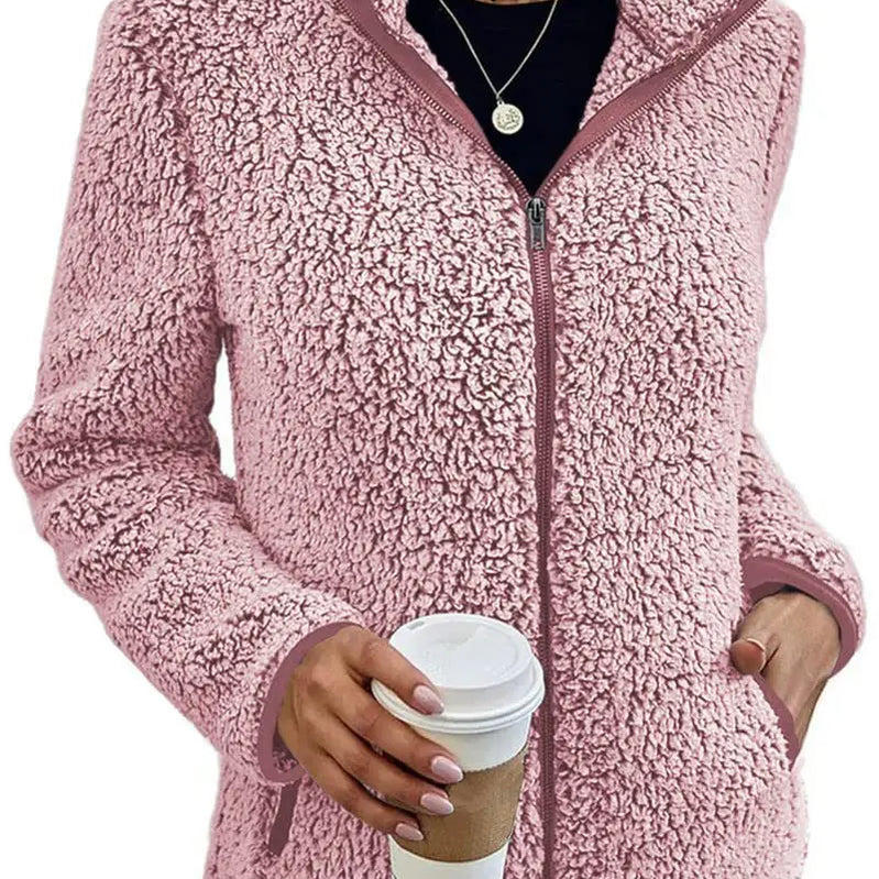 Women Solid Fleece Jackets Casual Fashion Stand Collar Coat Female Long Sleeve Zipper Outerwear Lady Clothes Autumn Winter Pink