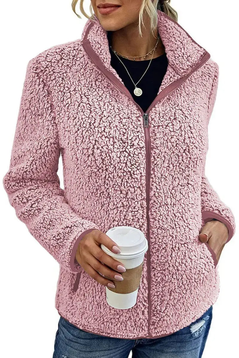 Women Solid Fleece Jackets Casual Fashion Stand Collar Coat Female Long Sleeve Zipper Outerwear Lady Clothes Autumn Winter Pink