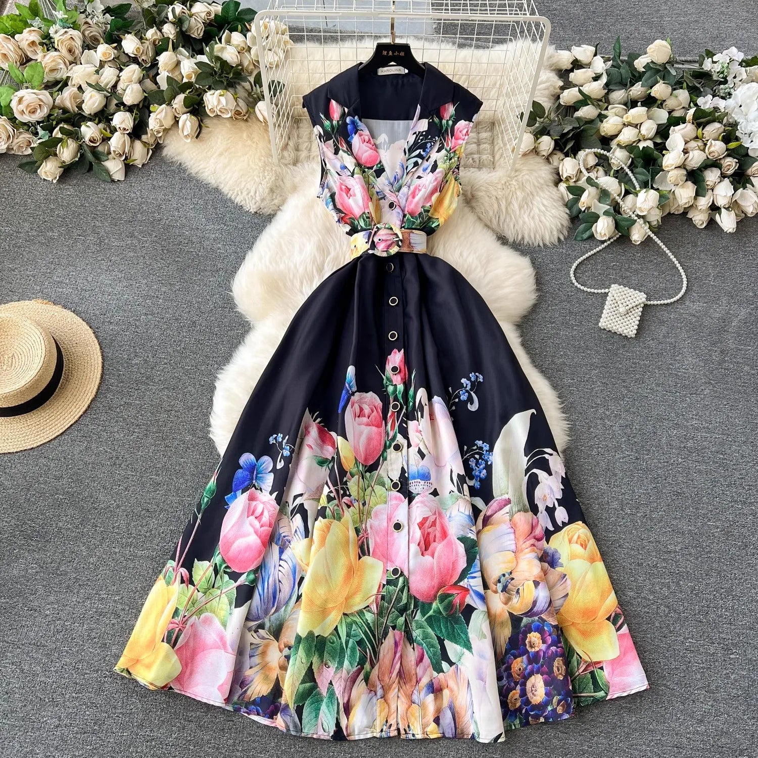 2024 Summer Holiday Beach Dress Women's Notched Collar Sleeveless Single Breasted Floral Print Belt Long Boho Party Vestido 6389