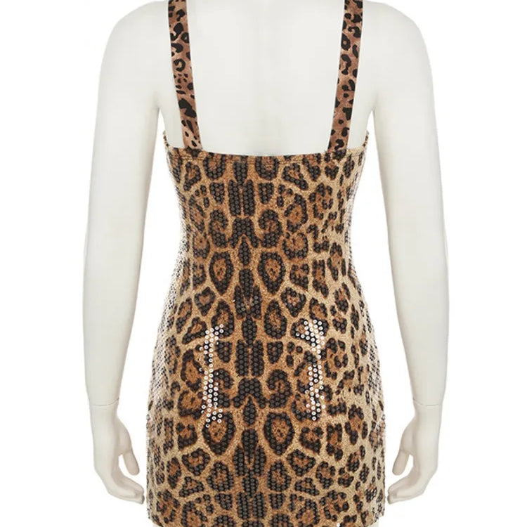Sequins Leopard Print Sexy Mini Dress For Women Summer Spaghetti Strap Sleeveless Backless Club Party Dress