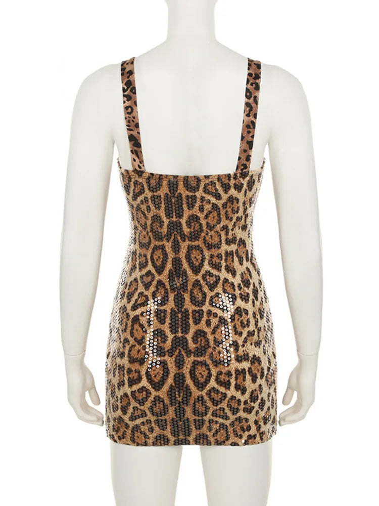 Sequins Leopard Print Sexy Mini Dress For Women Summer Spaghetti Strap Sleeveless Backless Club Party Dress